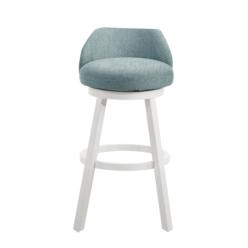 Erika Swivel Wood Bar Height Bar Stool in White with Light Blue Fabric Seat