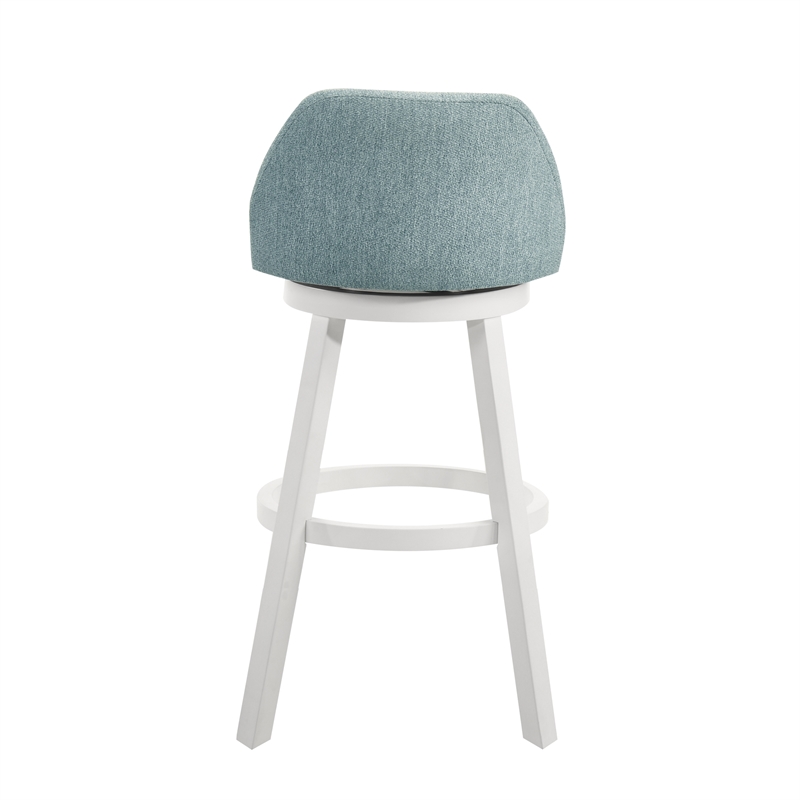 Erika Swivel Wood Bar Height Bar Stool in White with Light Blue Fabric Seat