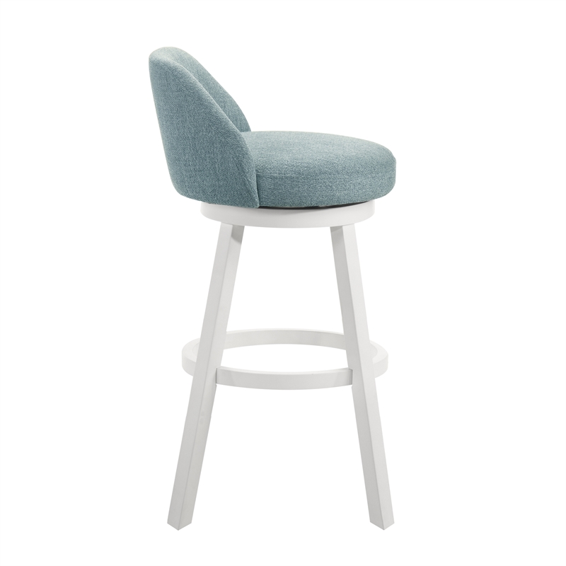 Erika Swivel Wood Bar Height Bar Stool in White with Light Blue Fabric Seat