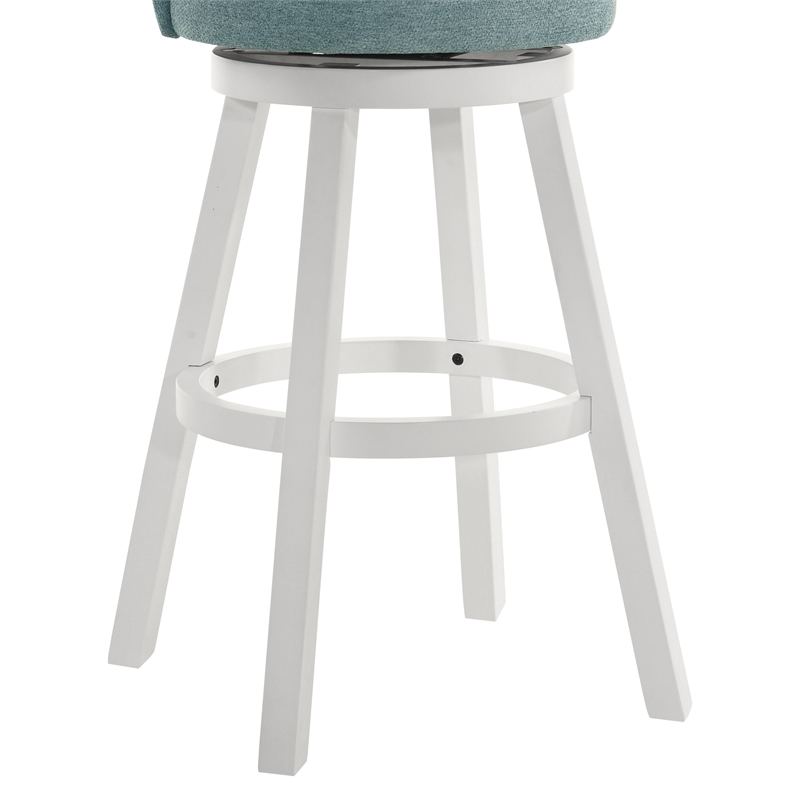 Erika Swivel Wood Bar Height Bar Stool in White with Light Blue Fabric Seat