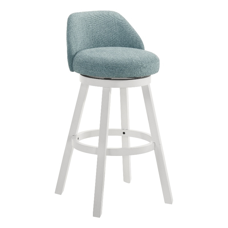 Erika Swivel Wood Bar Height Bar Stool in White with Light Blue Fabric Seat