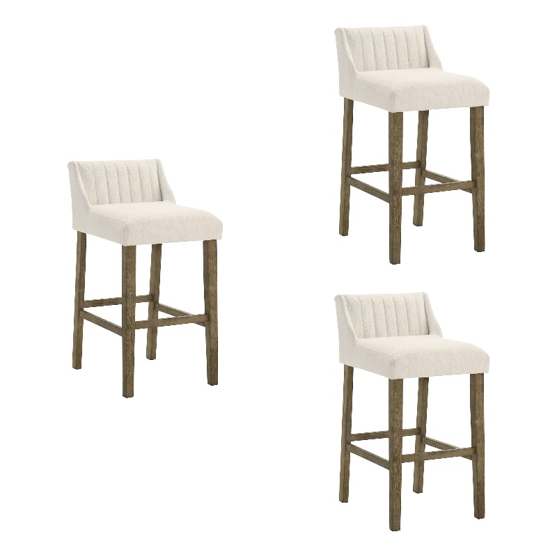 Fauna Wood Bar Height Bar Stool in Putty Brown with White Boucle Seat - Set of 3