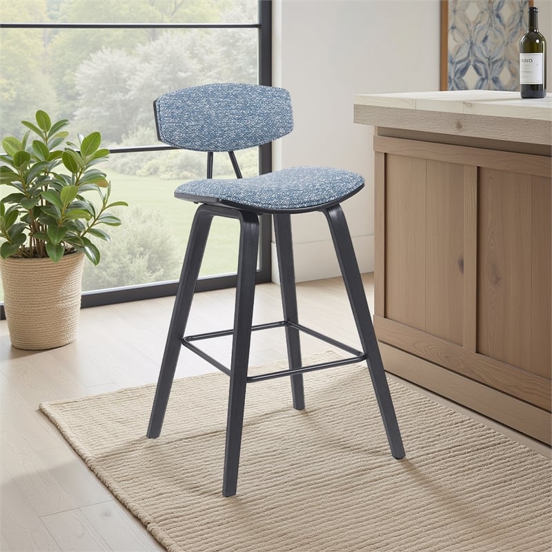Fox Swivel Bar Height Stool with Speckled Blue Seat and Black Brushed Wood Frame