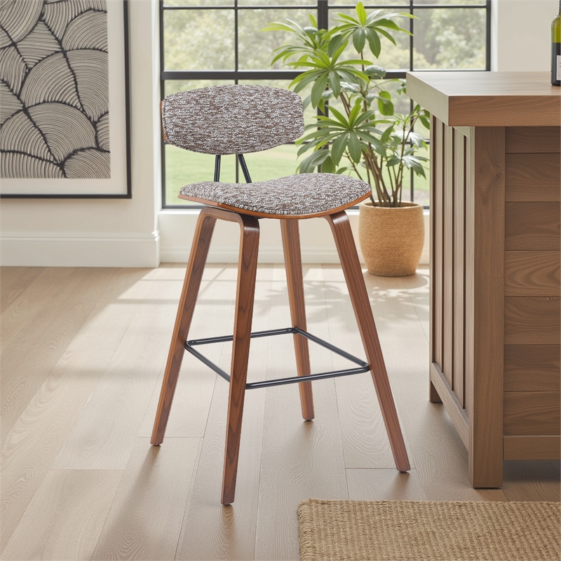 Fox Swivel Bar Height Stool with Speckled Brown Seat and Walnut Wood Frame