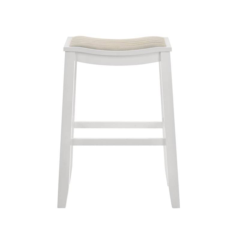 Iyani Wood Bar Height Kitchen Bar Stool in White with Dune Cloud Fabric Seat