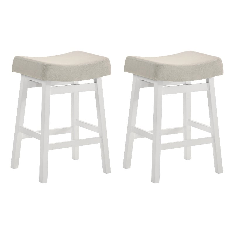 Lenon Wood Counter Height Bar Stool in White with Cream Fabric Seat - Set of 2