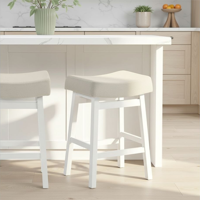 Lenon Wood Counter Height Bar Stool in White with Cream Fabric Seat - Set of 4