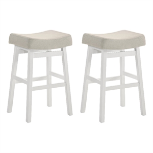 Lenon Wood Bar Height Bar Stool in White with Cream Fabric Seat - Set of 2