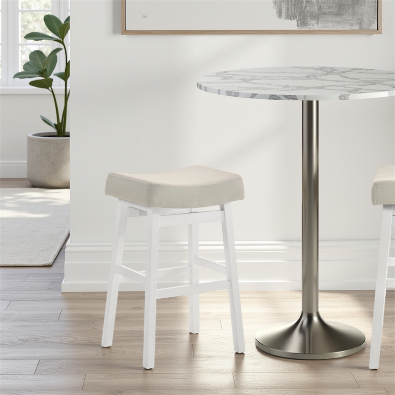 Lenon Wood Bar Height Bar Stool in White with Cream Fabric Seat - Set of 4