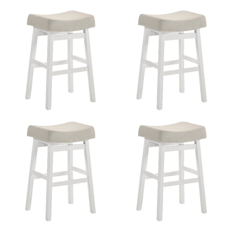 Lenon Wood Bar Height Bar Stool in White with Cream Fabric Seat - Set of 4