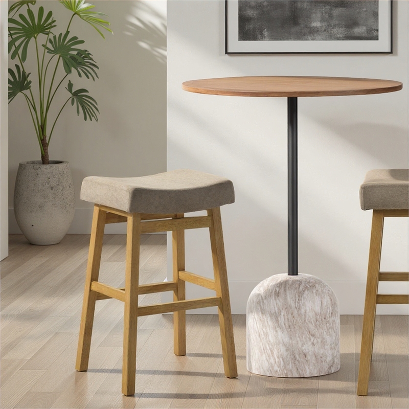 Lenon Wood Bar Height Bar Stool in Amber Glow with Taupe Fabric Seat - Set of 2
