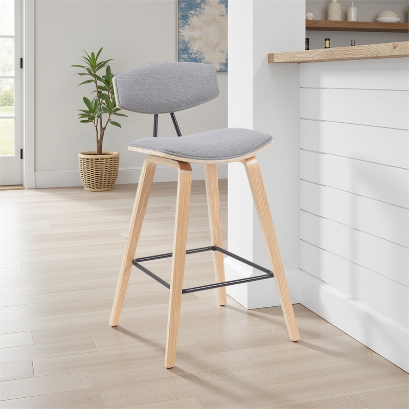 Fox Modern Swivel Bar Height Stool with Grey Upholstered Seat and Oak Wood Frame