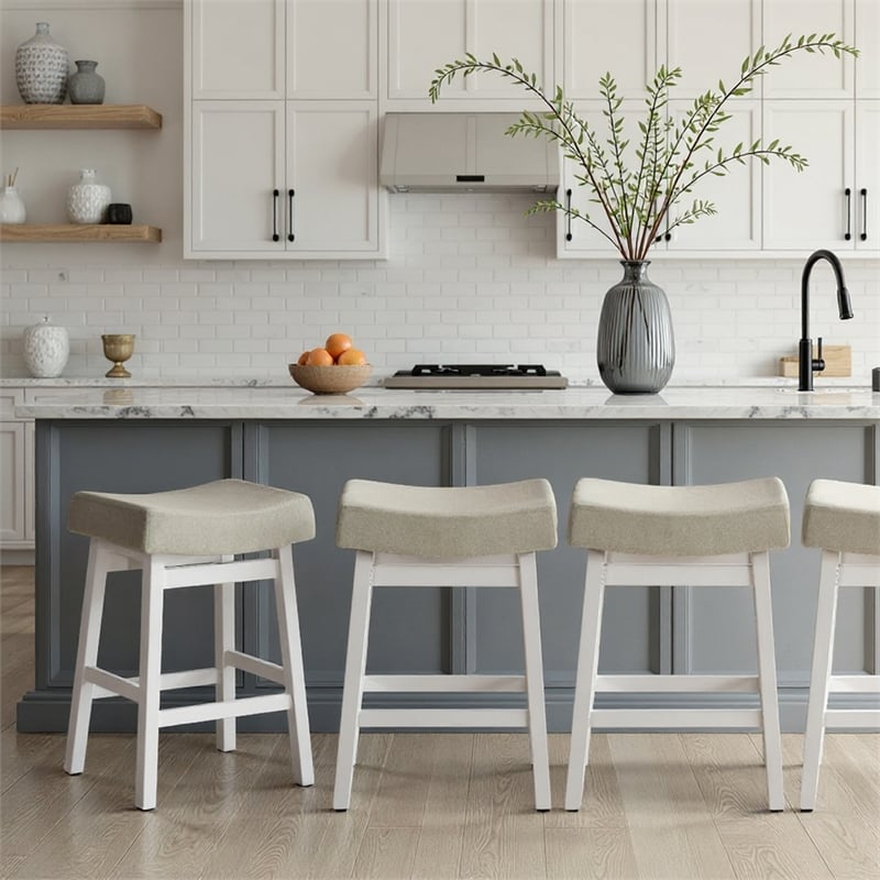 Lenon Wood Counter Height Kitchen Bar Stool in White with Cream Fabric Seat