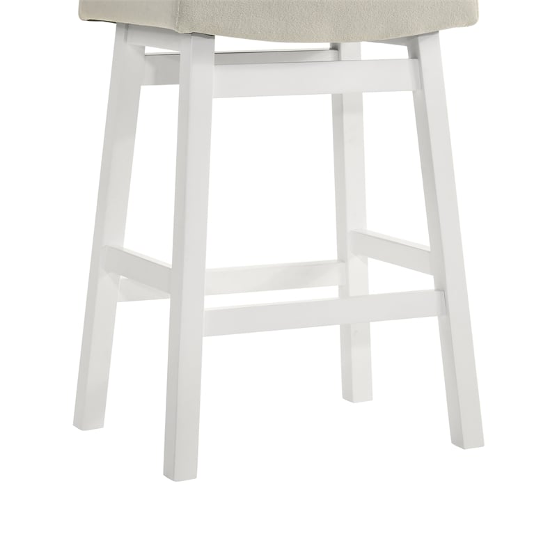 Lenon Wood Counter Height Kitchen Bar Stool in White with Cream Fabric Seat