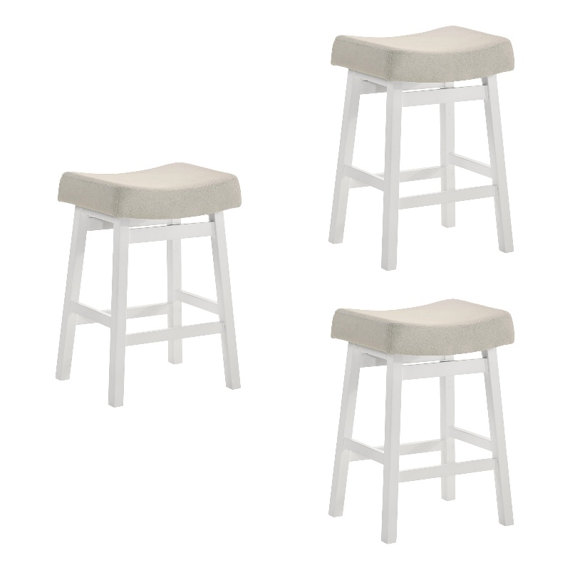 Lenon Wood Counter Height Bar Stool in White with Cream Fabric Seat - Set of 3