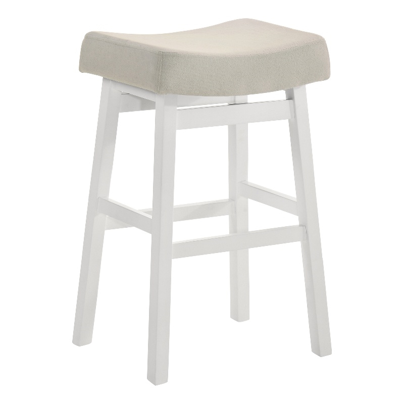 Lenon Wood Bar Height Kitchen Bar Stool in White with Cream Fabric Seat