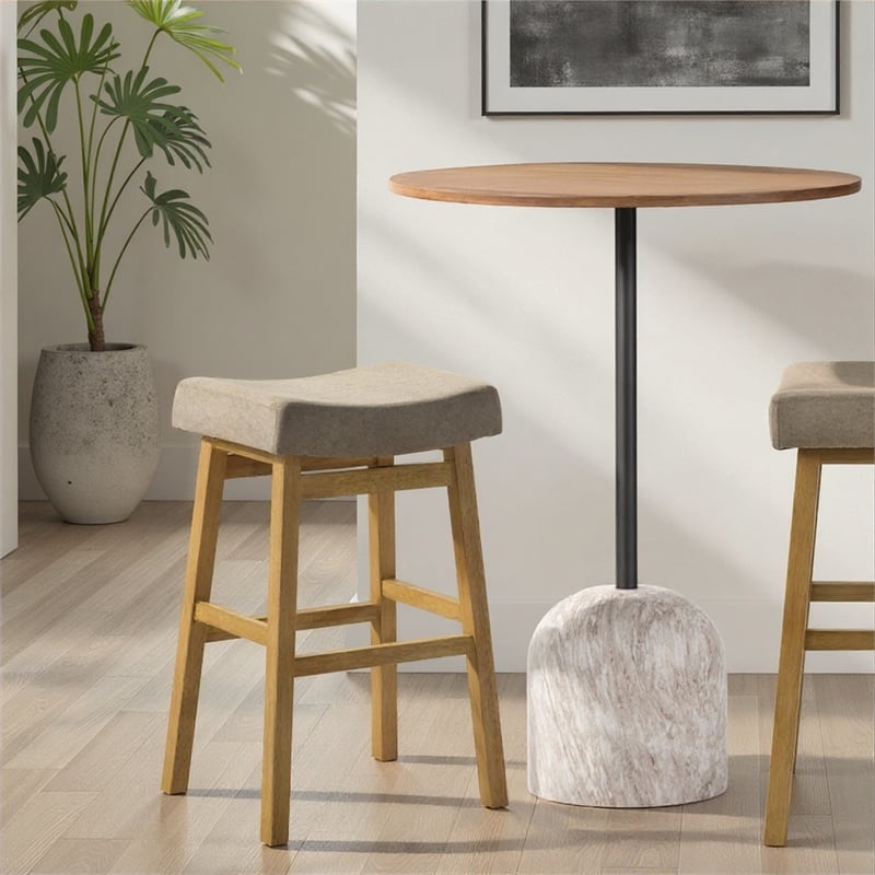 Lenon Wood Bar Height Kitchen Bar Stool in Amber Glow with Taupe Fabric Seat