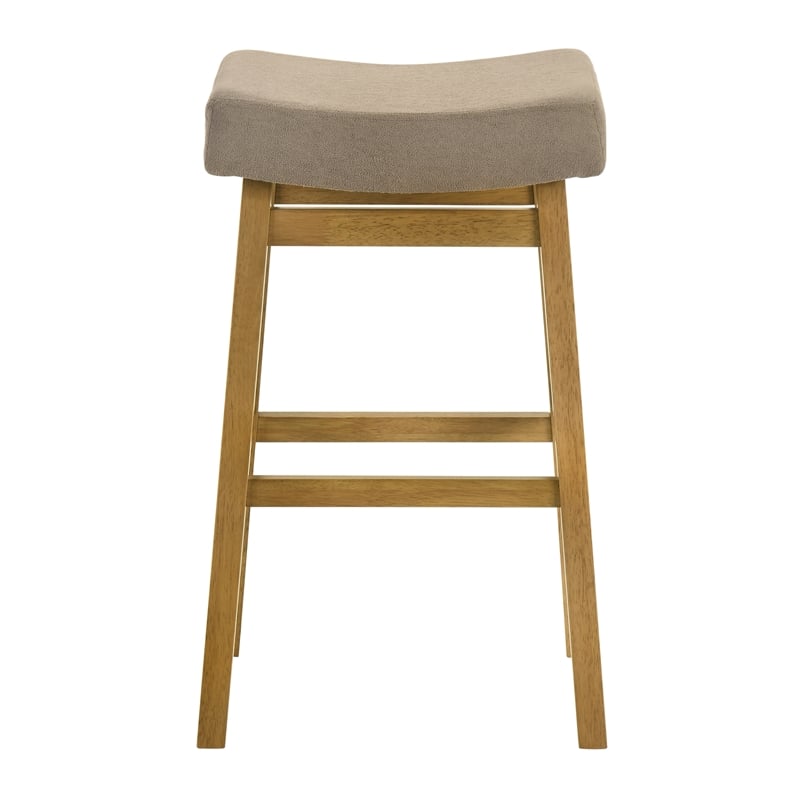 Lenon Wood Bar Height Kitchen Bar Stool in Amber Glow with Taupe Fabric Seat