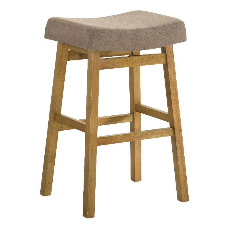 Lenon Wood Bar Height Kitchen Bar Stool in Amber Glow with Taupe Fabric Seat