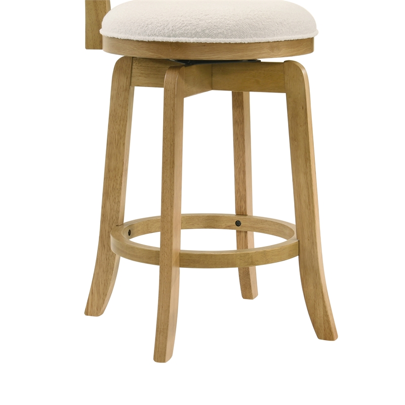 Melindra Swivel Wood Counter Height Bar Stool in Amber with White Boucle Seat