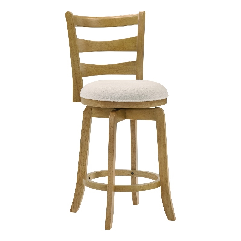 Melindra Swivel Wood Counter Height Bar Stool in Amber with White Boucle Seat