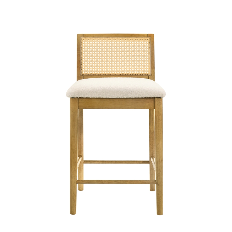 Tobias Wood Counter Height Bar Stool in Amber Glow with White Boucle Fabric Seat