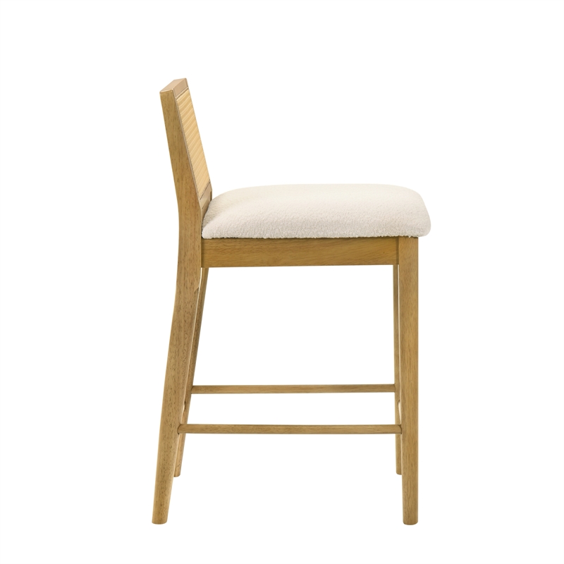 Tobias Wood Counter Height Bar Stool in Amber Glow with White Boucle Fabric Seat
