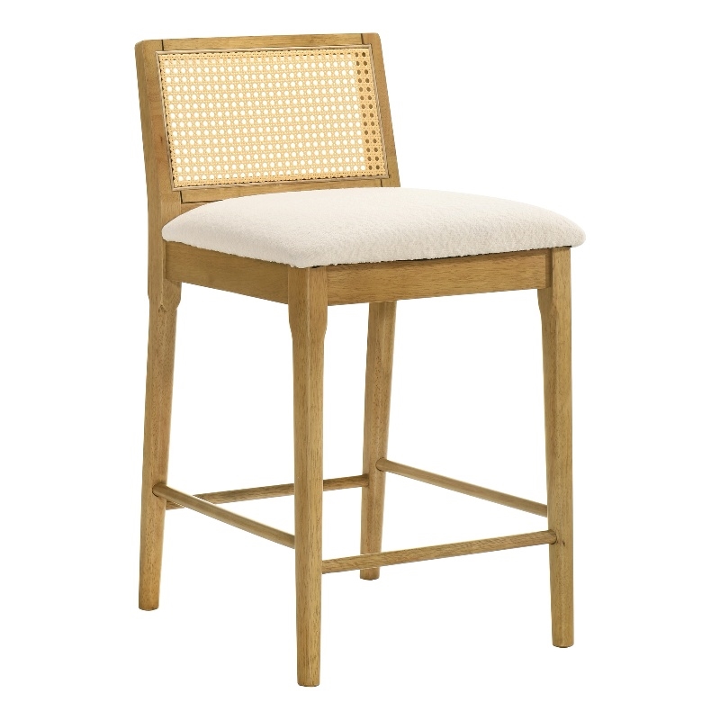 Tobias Wood Counter Height Bar Stool in Amber Glow with White Boucle Fabric Seat