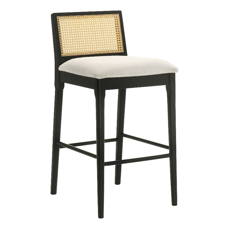 Tobias Wood Bar Height Kitchen Bar Stool in Black with White Boucle Fabric Seat