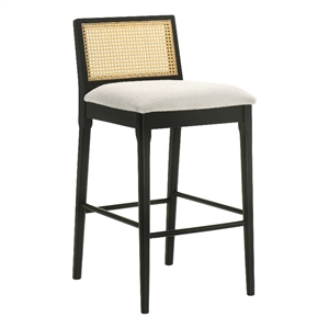 Tobias Wood Bar Height Kitchen Bar Stool in Black with White Boucle Fabric Seat