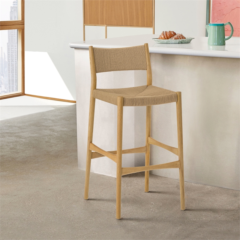 Erie Woven Paper Cord and Oak Wood Bar Stool