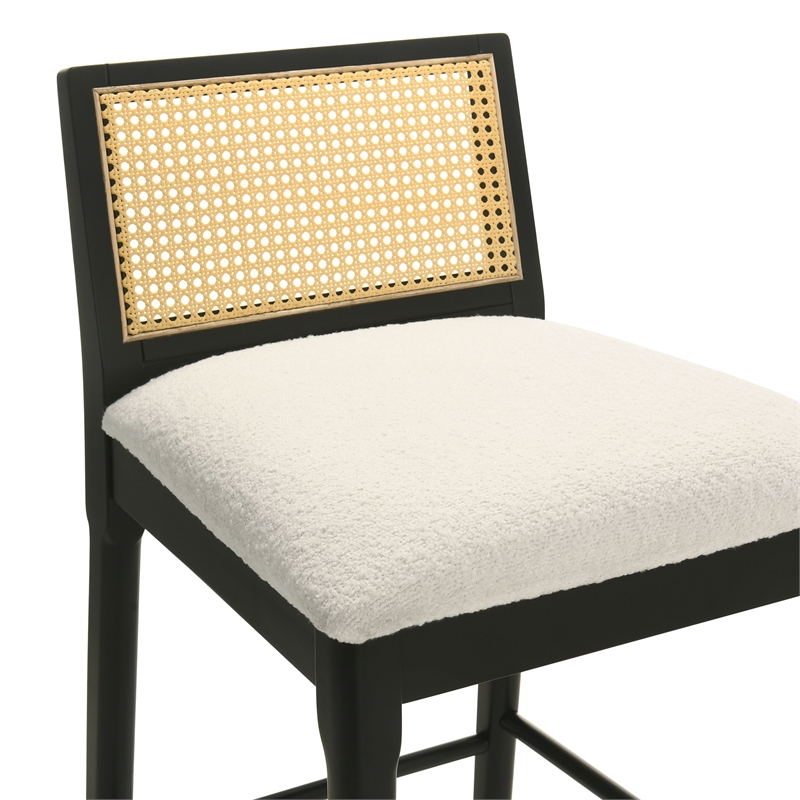 Tobias Wood Bar Height Bar Stool in Black/White Boucle Fabric Seat - Set of 3