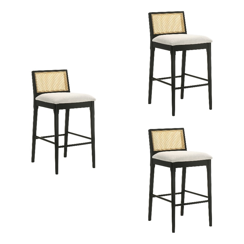 Tobias Wood Bar Height Bar Stool in Black/White Boucle Fabric Seat - Set of 3