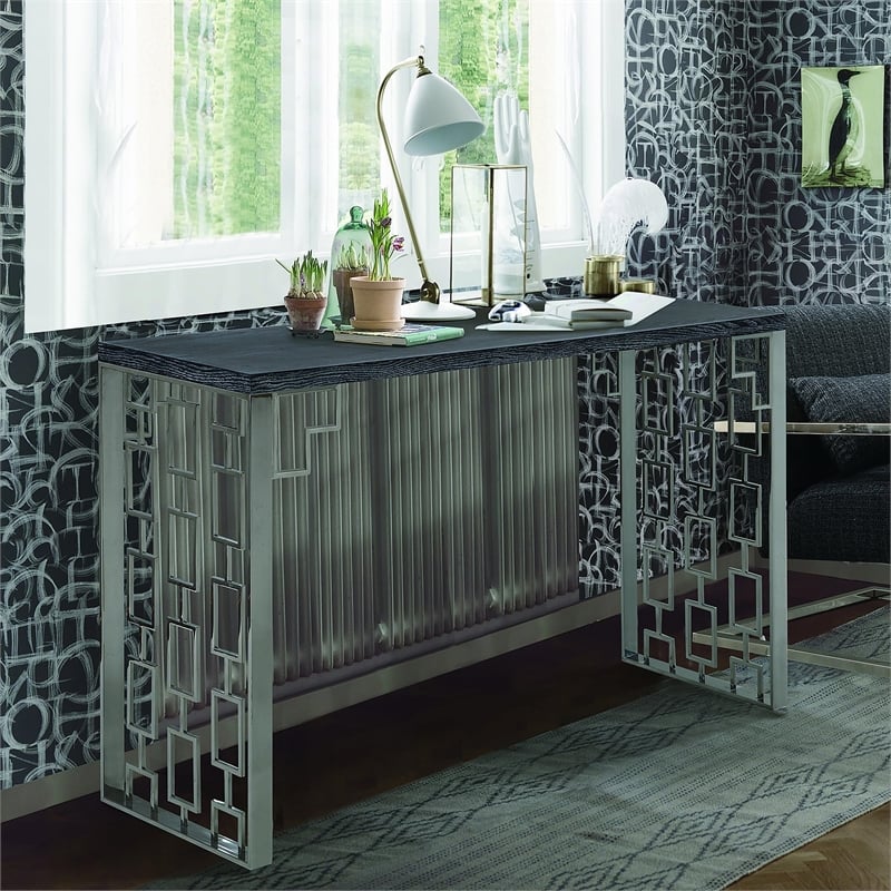 Armen Living Skyline Modern Wood & Stainless Steel Console in Charcoal/Gray