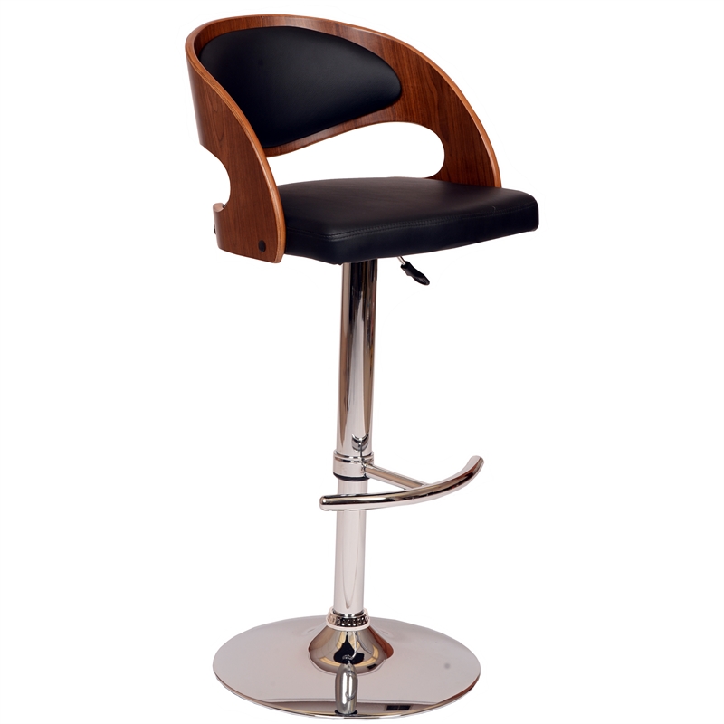 Armen Living Malibu Modern Leather & Metal Swivel Barstool in Black/Walnut