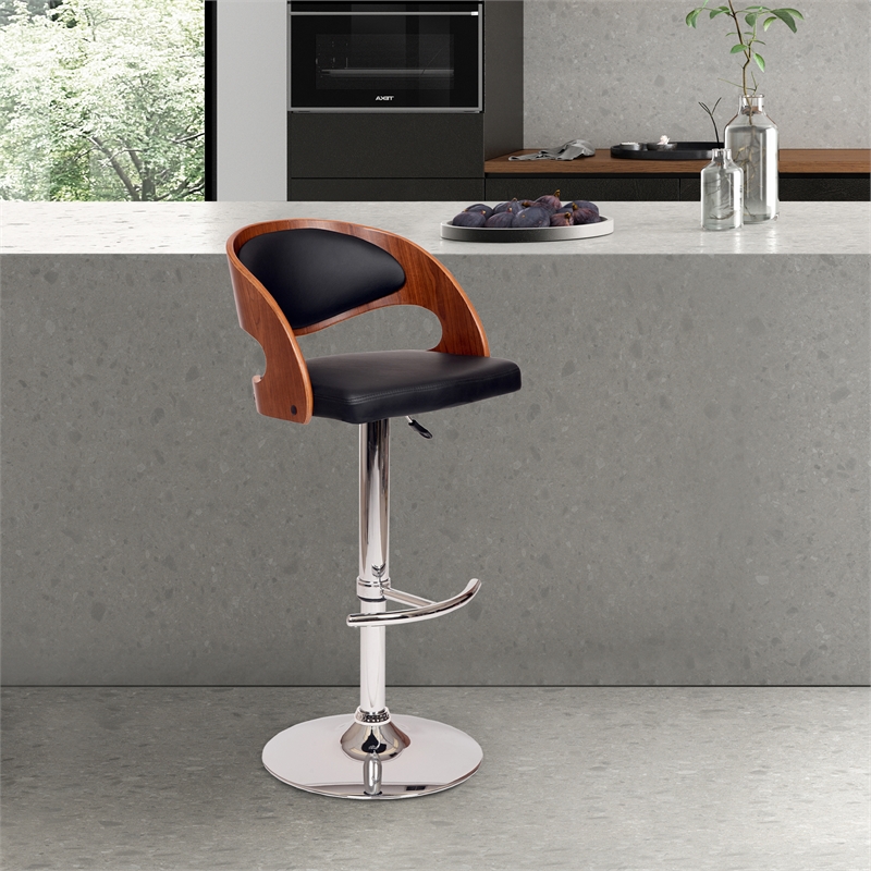 Armen Living Malibu Modern Leather & Metal Swivel Barstool in Black/Walnut
