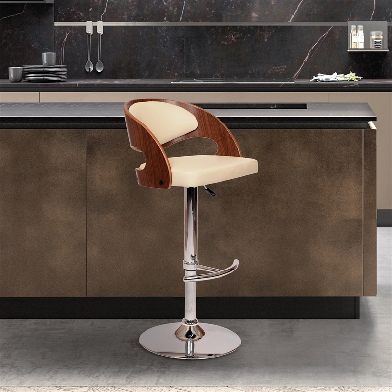 Armen Living Malibu Modern Leather & Metal Swivel Barstool in Cream
