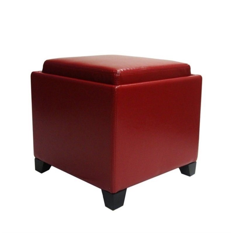 Armen Living Contemporary Leather Storage Ottoman with Tray in Red