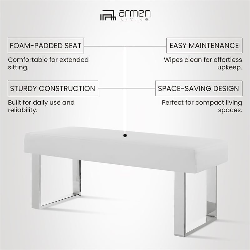 Armen Living Amanda Modern Vinyl & Metal Living Room Bench in White/Silver