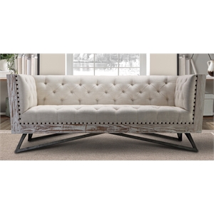 Armen Living Regis Tufted Upholstered Modern Leather Sofa in Cream