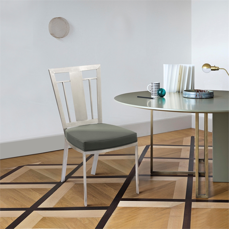 Armen Living Cleo Upholstered Modern Faux Leather & Steel Dining Chair in Gray