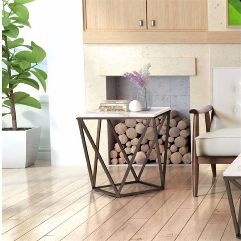 ZUO Tintern Faux Marble Top End Table in Stone and Antique Brass