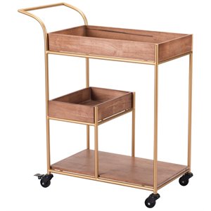 zuo modern steel metal and rubber wood bar cart with tray in brown