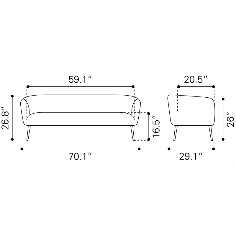 ZUO Deco Modern Polyester Velvet Upholstered Sofa in Beige & Gold