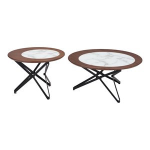 zuo anderson steel mdf and tempered glass coffee table set in brown and white