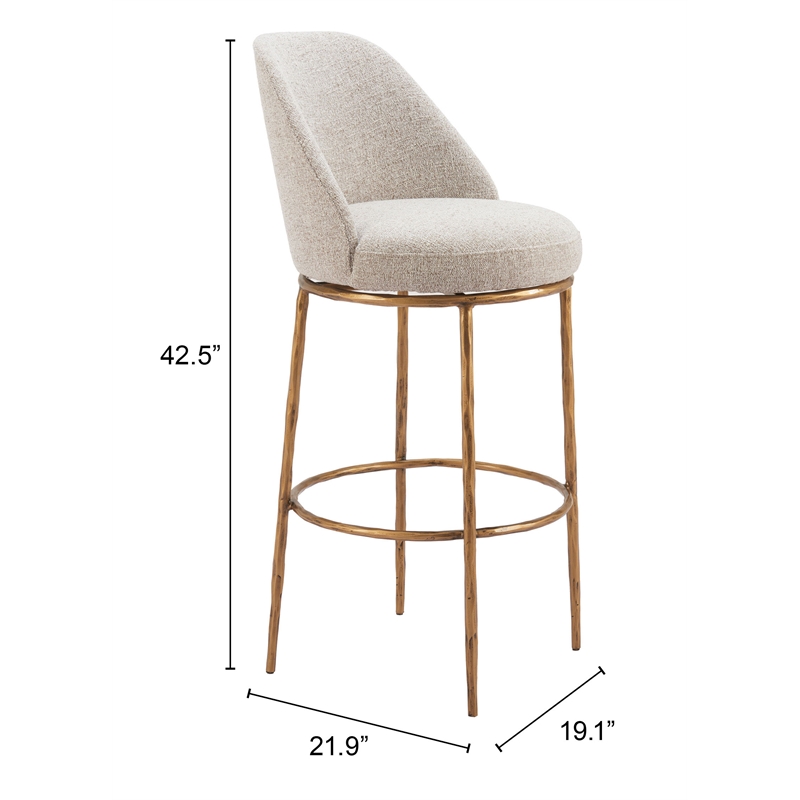 ZUO Nordhavn Collection Swivel Barstool in Beige & Gold