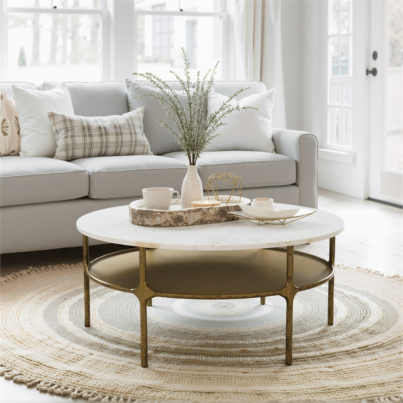 ZUO Bild Marble Top and Iron Frame Coffee Table in White & Brass