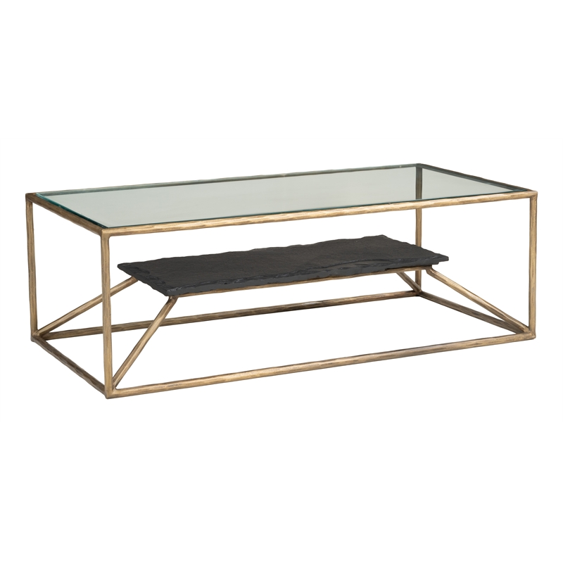 ZUO Ranol Glass-Top and Iron Frame Coffee Table in Brass