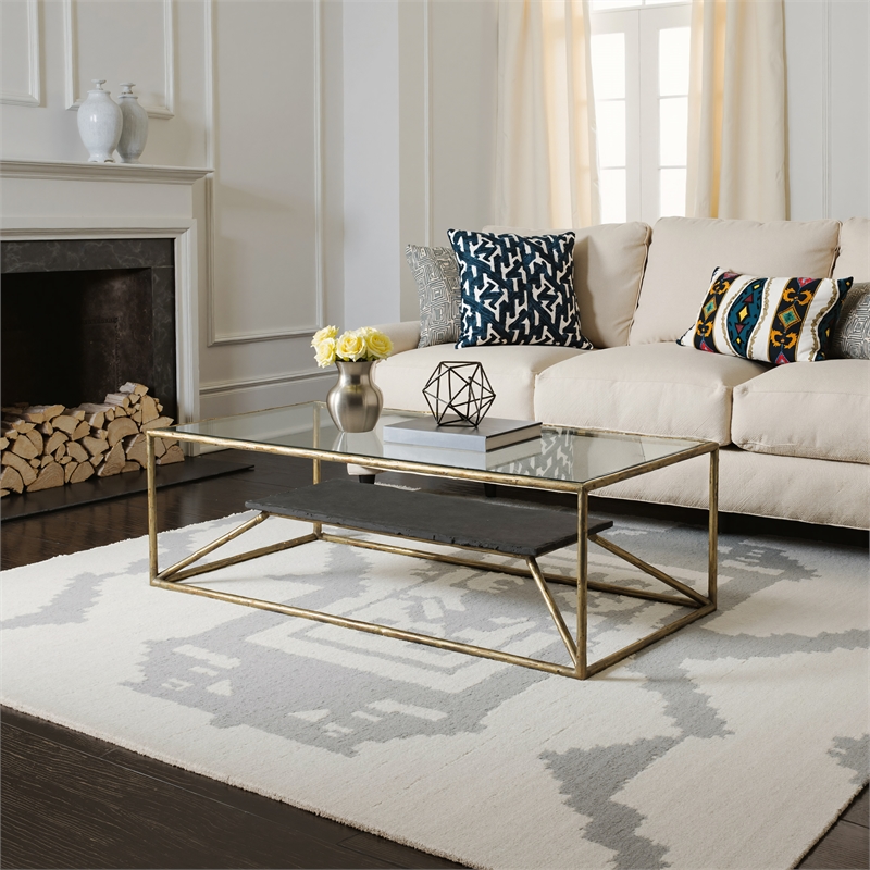 ZUO Ranol Glass-Top and Iron Frame Coffee Table in Brass