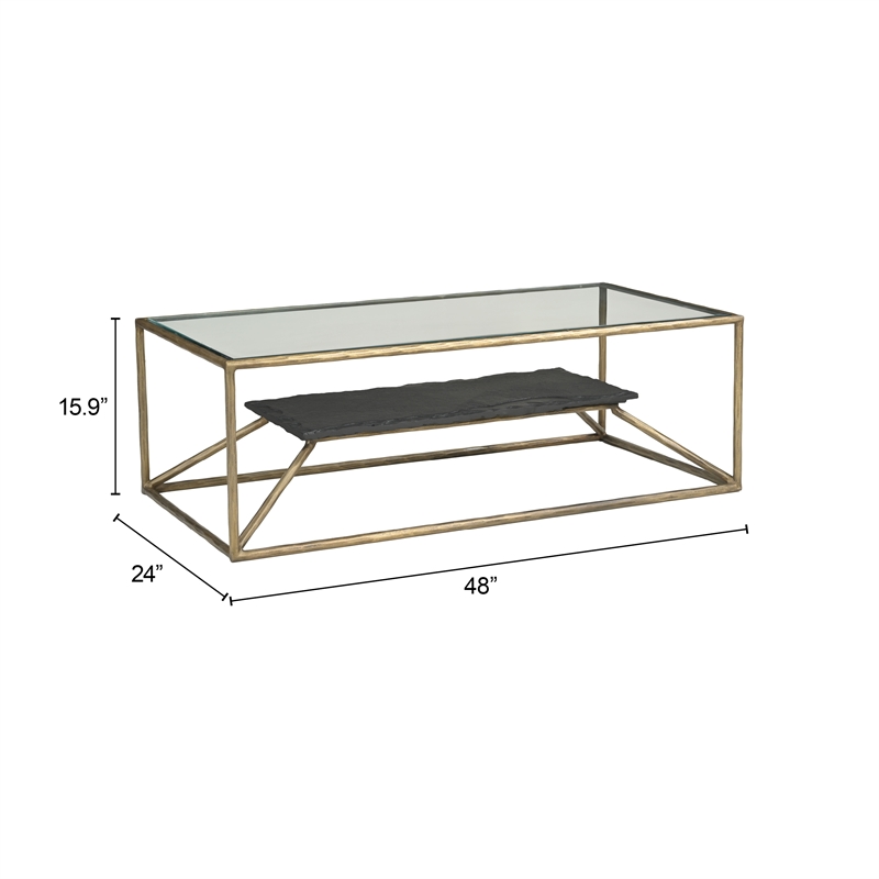 ZUO Ranol Glass-Top and Iron Frame Coffee Table in Brass